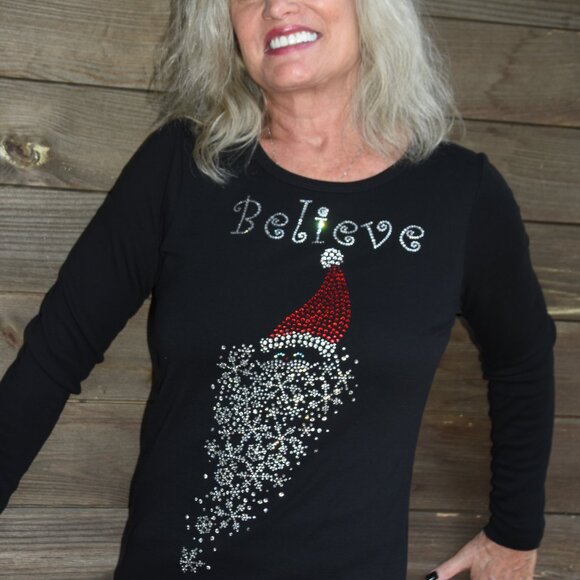 Christmas Believe rhinestone bling long sleeved shirt XS S M L XL XXL 1X 2X … - Picture 1 of 9